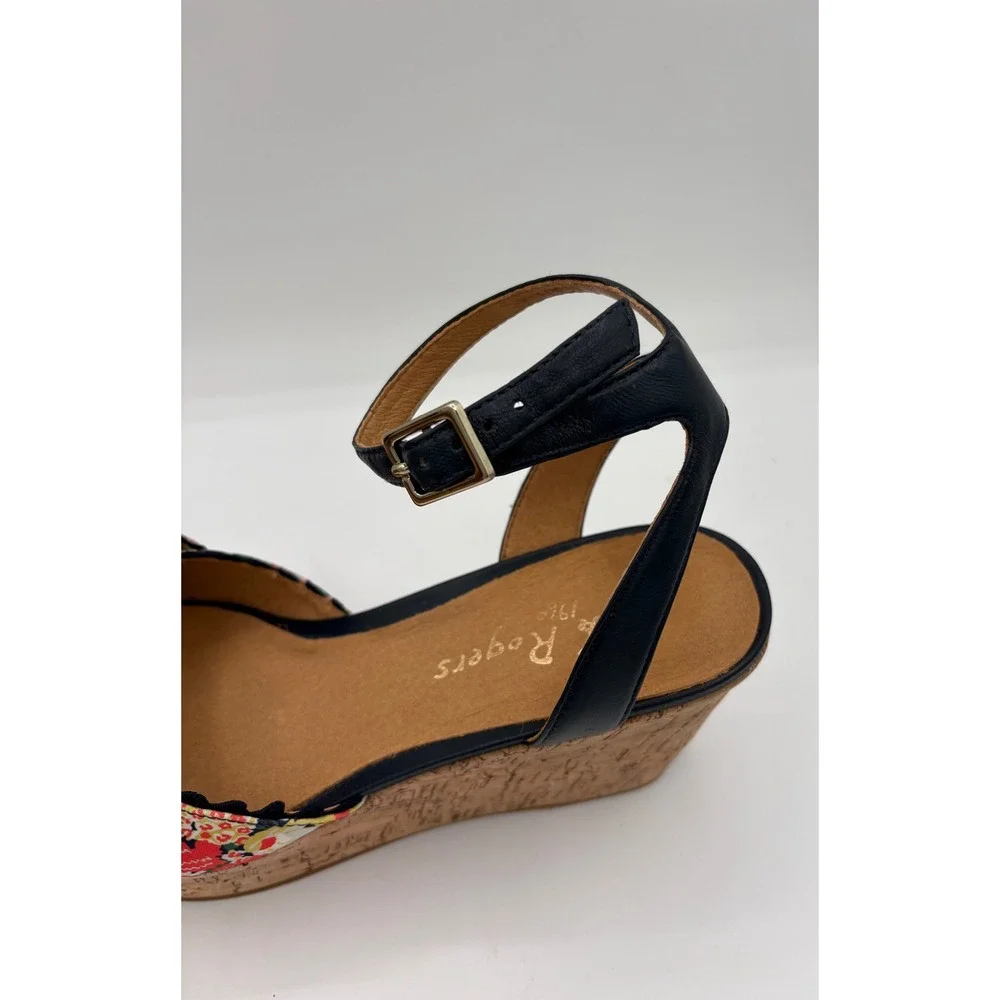 Jack Rogers Floral‎ Cork Wedge Sandals Navy Blue Leather Ankle Strap Platform 10